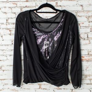 NEW Helene Blake Women M Black Sequin Mesh Draped Long Sleeve Party Blouse Top